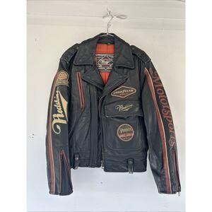 Vintage Redskins Motor Jacket Size Large Black Leather Patches Red UK British